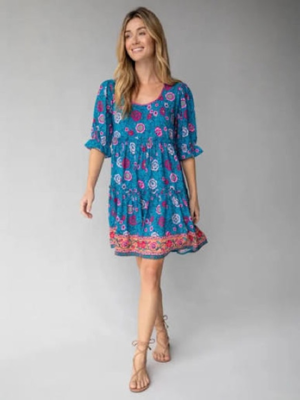 NATURAL LIFE Teal Floral Tiered Mini Dress with Pink Border